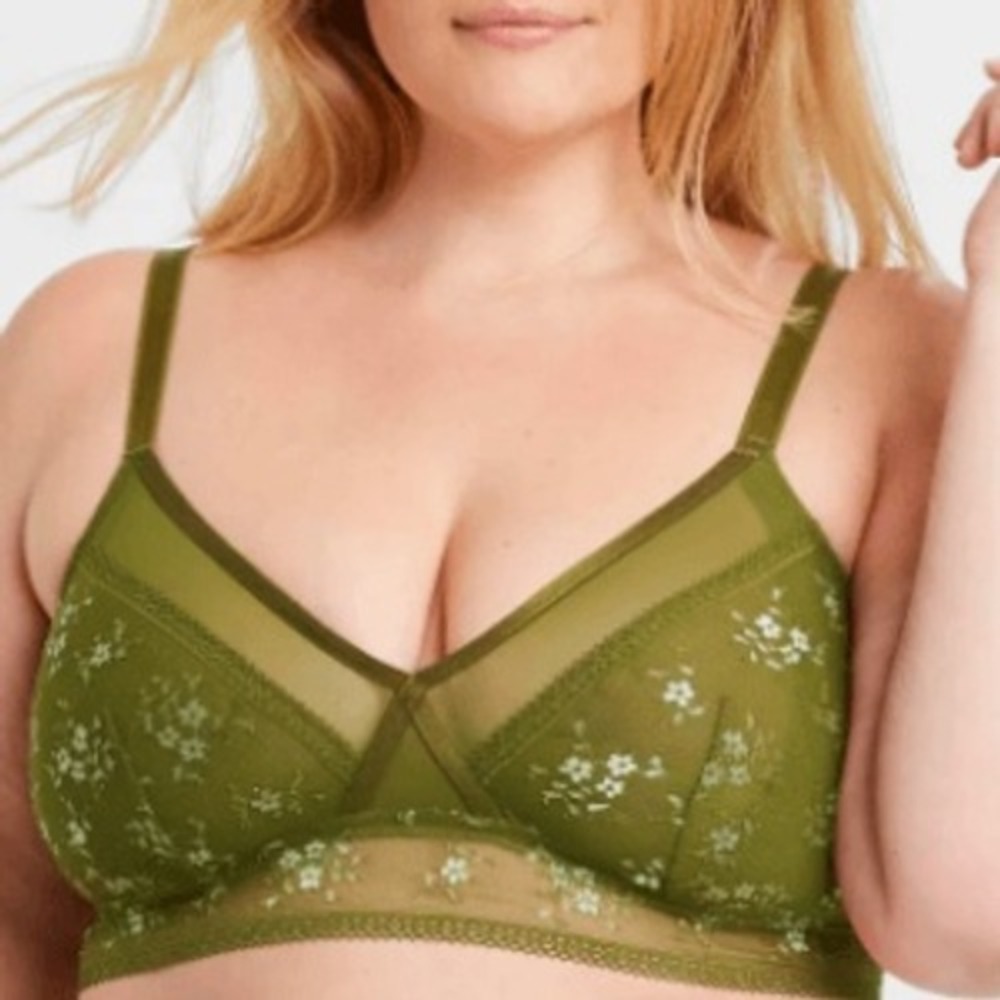 Auden Unlined Lace Bralette Womens M Olive Green Floral Lace Wirefree Soft